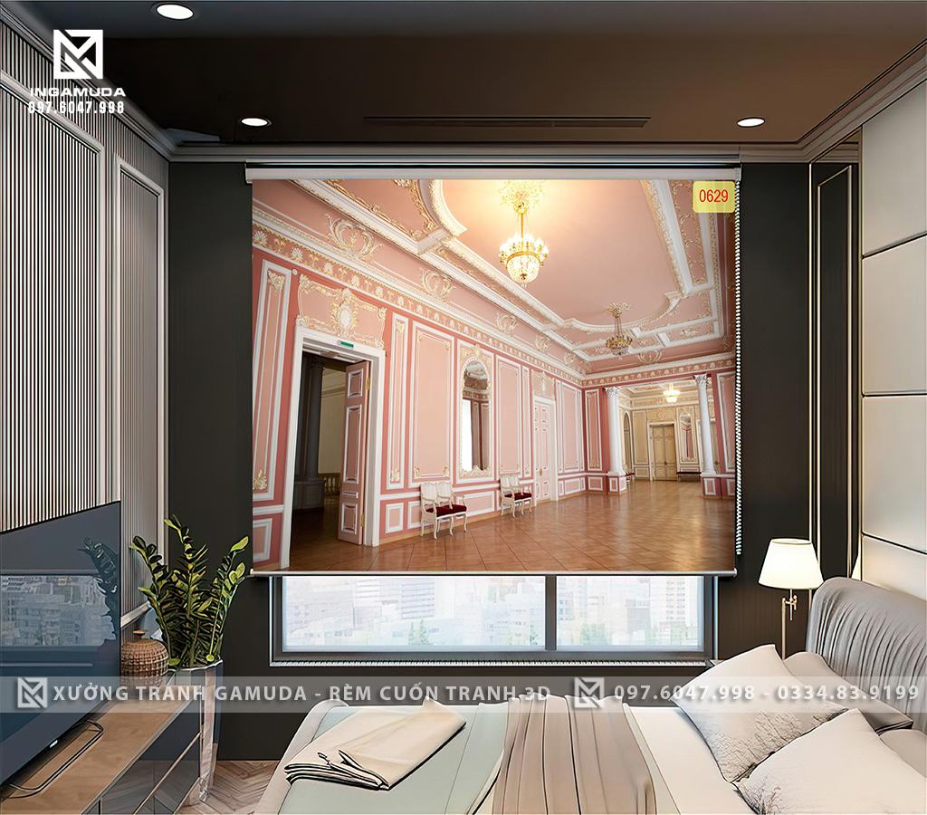 Rèm Cuốn In Tranh 3D In Hình Một Căn Phòng Trong Lâu Đài Với Gam Màu Hồng Lam Chủ Đạo - Rèm Cuốn Tranh Giá Tốt Nhất
