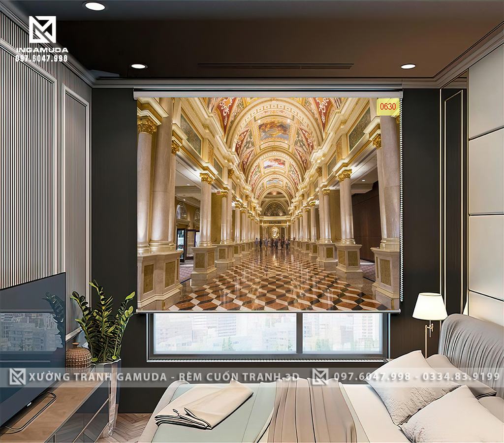Rèm Cuốn Tranh 3D In Hình Lối Đi Trong Lâu Đài Với Gam Màu Sáng Lam Chủ Đạo - Rèm Cuốn Tranh Giá Tốt Nhất