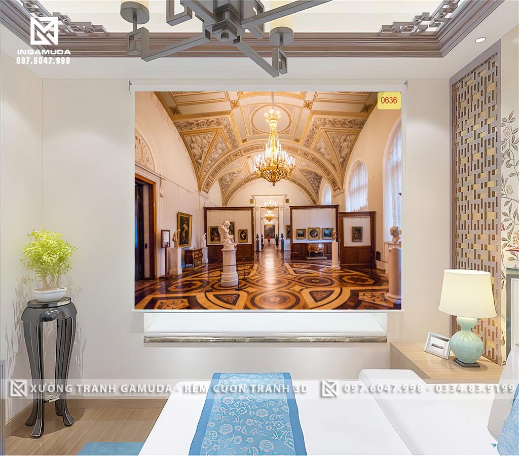 Rèm Cuốn Tranh 3D In Hình Khu Trưng Bày Đồ Vật Trong Lâu Đài Có Những Bức Nghệ Thuật Và Những Bức Tượng Được Làm Các Nhà Họa Sĩ - Rèm Cuốn Tranh Giá Đại Lý Tốt Nhất 