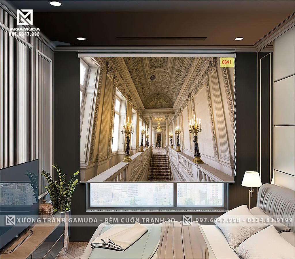 Rèm In Tranh 3D In Hình Câu Thang Của Lâu Đài Hai Ben Có Những Chân Nến Ormolu Pháp - Xưởng Rèm Cuốn Tranh 3D Gamuda