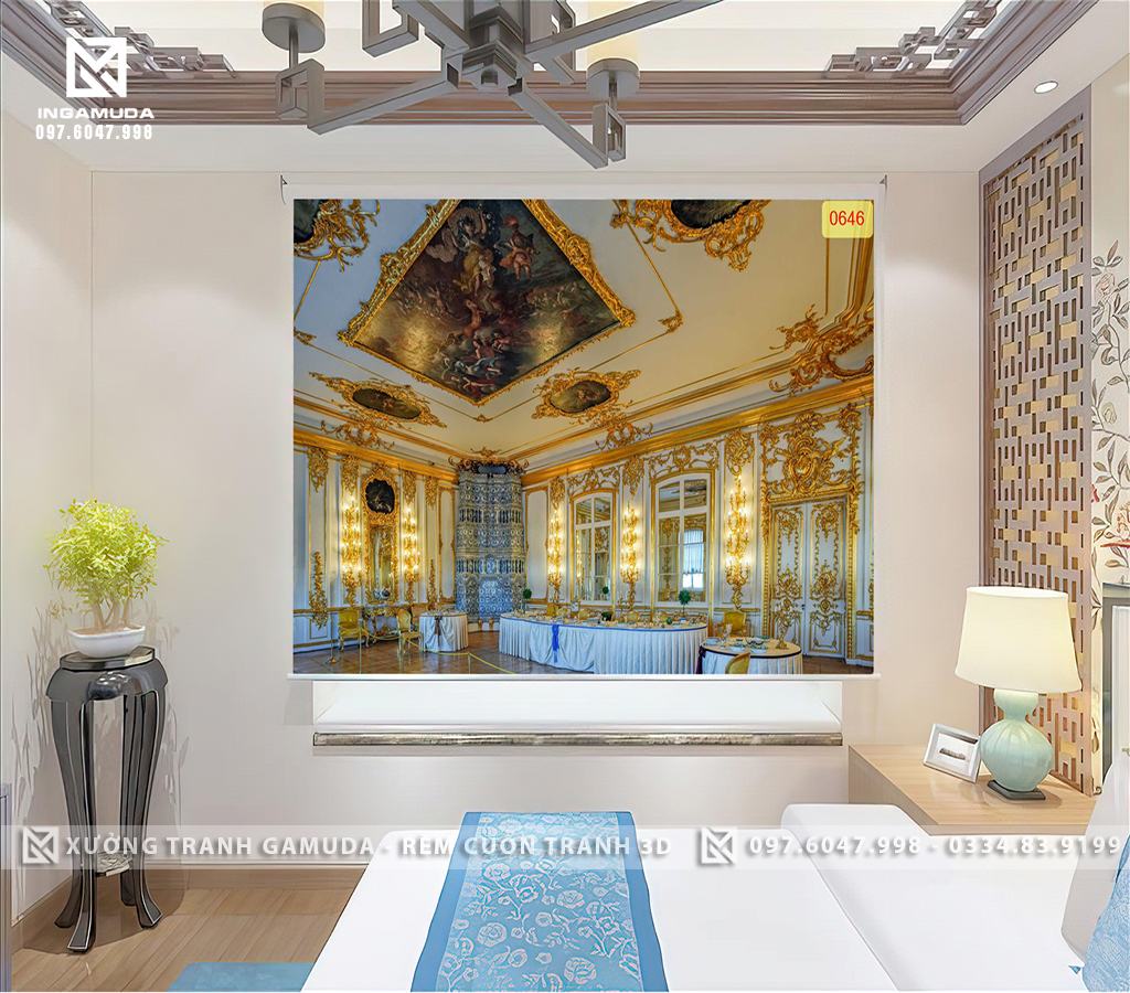 Rèm In Tranh 3D In Hình Phòng Ăn Của Những Quý Tộc , Phòng Ăn Được Thiết Kế Với Gam Màu Vàng Trắng - Xưởng Rèm In Tranh 3D
