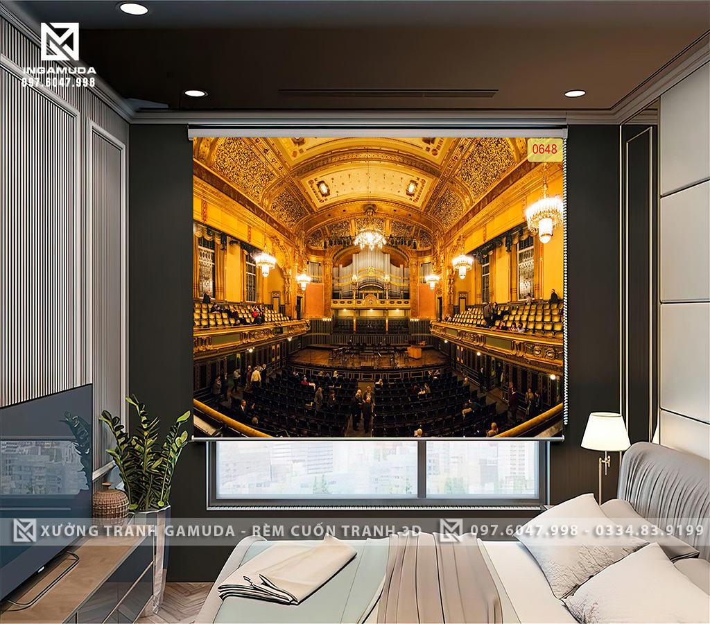 Rèm Cuốn In Tranh 3D In Hình Phòng Hòa Nhạc bên Trong Lâu Đài Không Gian Chiều Sâu Cho Không Gian Phòng Ngủ - Rèm Cuốn Tranh Giá Xưởng