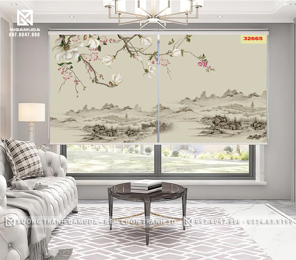 Rèm Cuốn Tranh 3D In Hoa Trên Nền Xám Tạo Sự Sang Trọng- Rèm Cản Sáng Cản Nhiệt