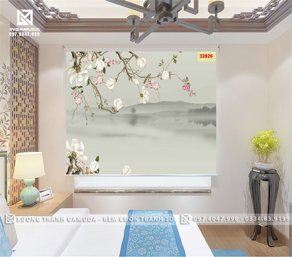 Rèm In Tranh 3D Họa Tiết Hoa Trắng Cùng Màn Sương Mù Tuyệt Đẹp Của Ngoại Cảnh- Xưởng Rèm Gamuda In Ấn Và Sản Xuất Theo Yêu Cầu