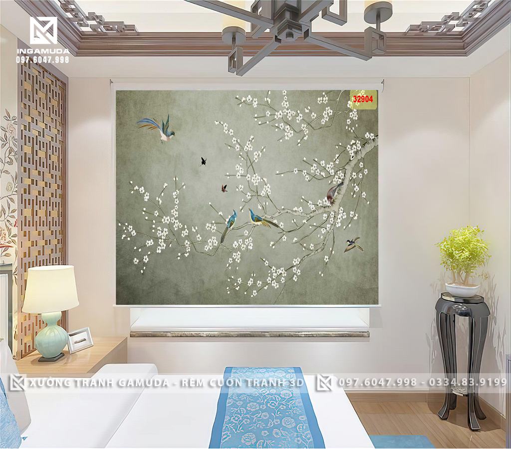 Rèm Tranh 3D In Họa Tiết Hoa Trắng Cùng Đàn Chim Trên Nền Xám Tối Màu