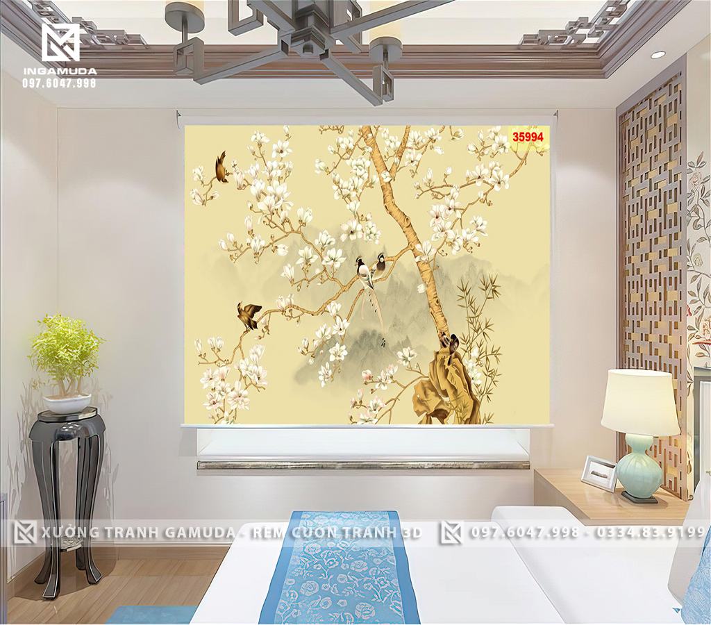Rèm Cuốn Tranh 3D In Họa Tiết Hoa Lan Trắng Cùng Chim Trên Gam Màu Vàng Sang Trọng 