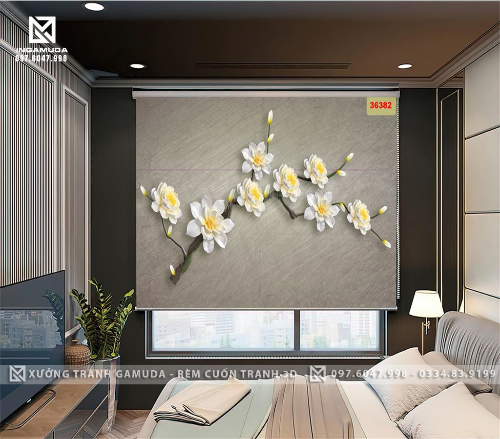 Rèm Cuốn In Tranh 3D Hoa Lan Trắng Đẹp Và Sang Trọng- Rèm Cản Sáng Cản Nhiệt Xưởng Rèm Gamuda
