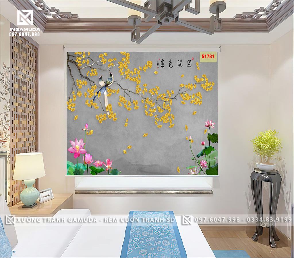 Rèm In Tranh 3D Hoa Cành Lá Vàng Bình Dị Trên Gam Màu Xám - Hàng Thiết Kế Theo Yêu Cầu