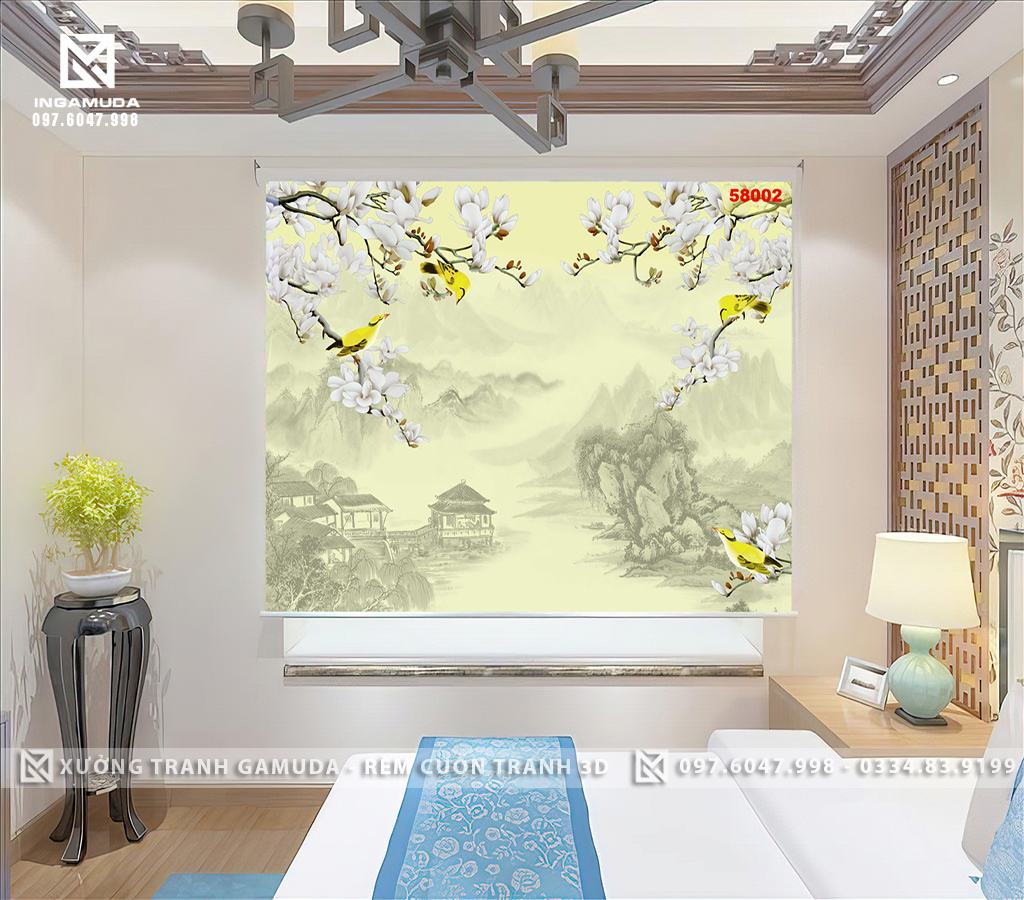 Rèm Cuốn Tranh 3D IN Họa Tiết Indochine Hoa Lan Trắng Tượng Trưng Cho Sự Thuần Khiết - Rèm Cản Sáng Cản Nhiệt