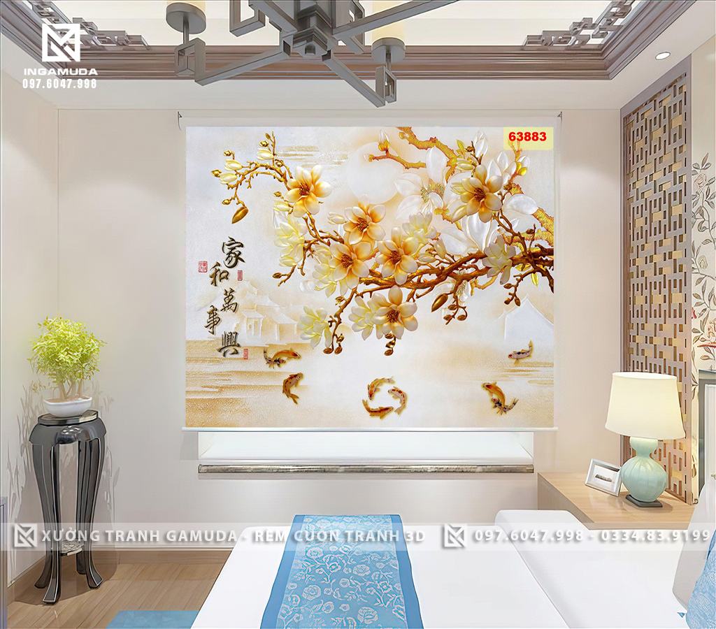 Rèm Tranh 3D In Họa Tiết Indochine Hoa Lan Trắng Đẹp, Thanh Khiết