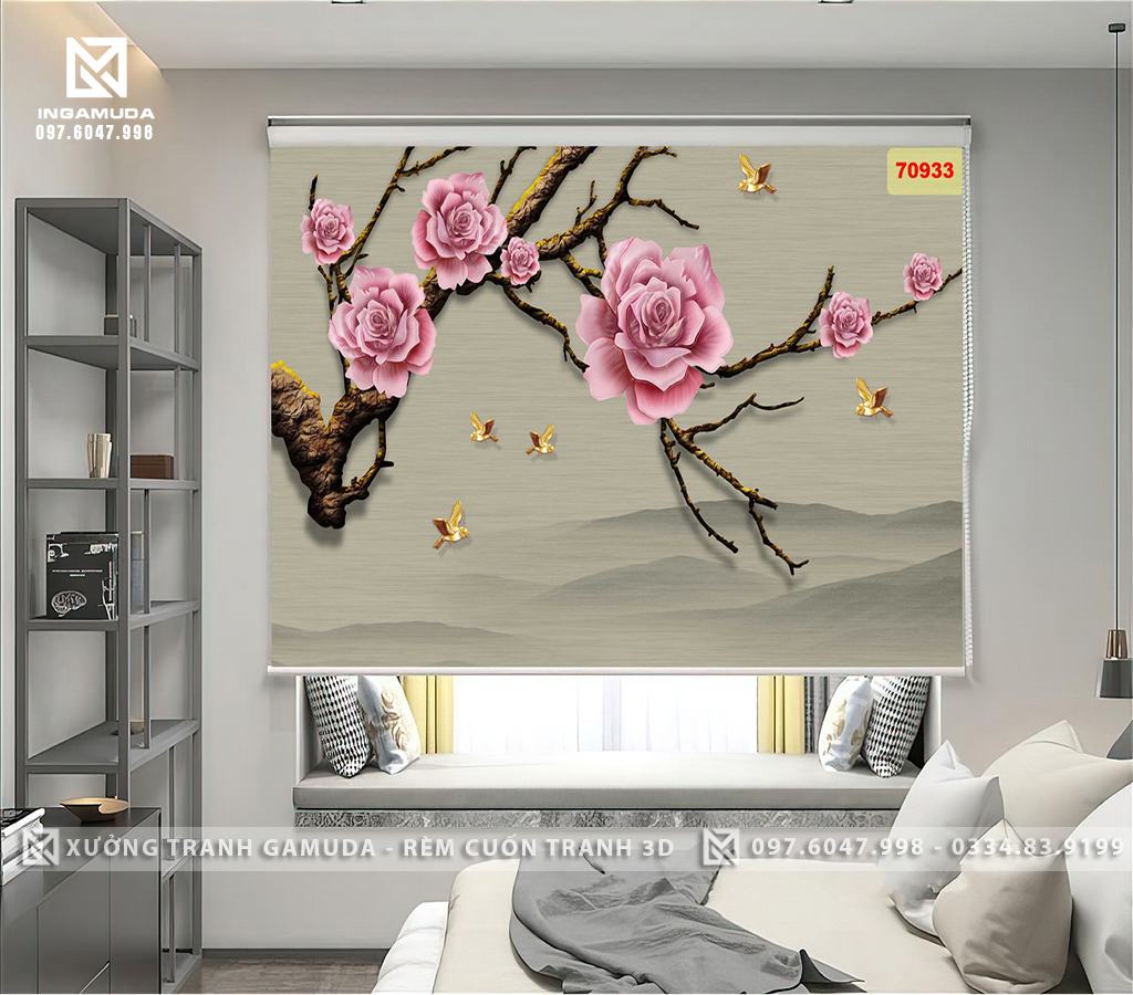 Rèm In Tranh 3D Họa Tiết Hoa Hồng Sang Trọng Trên Nền Xám - Rèm Cản Sáng Cản Nhiệt Xưởng Rèm Gamuda