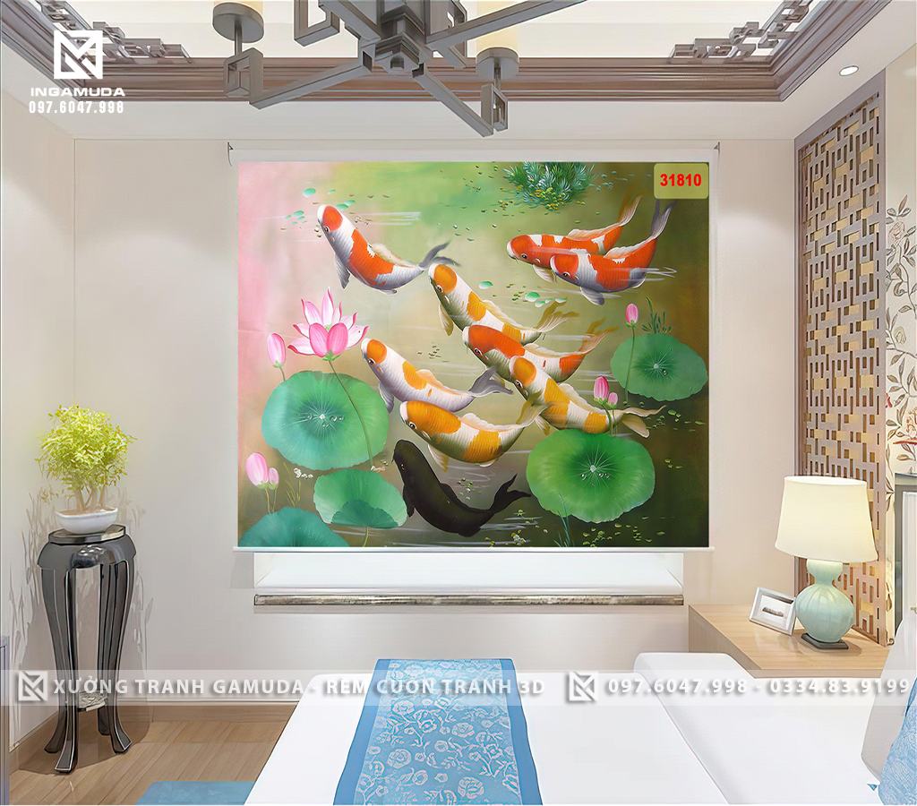 Rèm Cuốn In Hình Cá Koi Hoa Sen