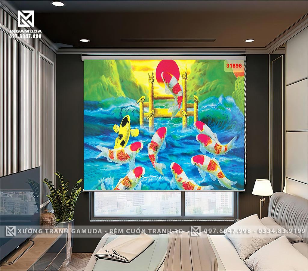 Rèm Cuốn Tranh Sơn Dầu Cá Chép Vượt Vũ Môn