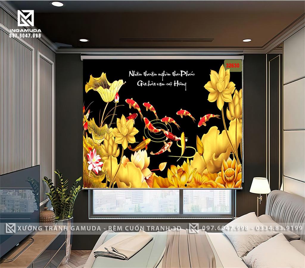 Rèm Cuốn Tranh 3D Tối Mầu Cản Sáng Cản Nhiệt In Cá 3D