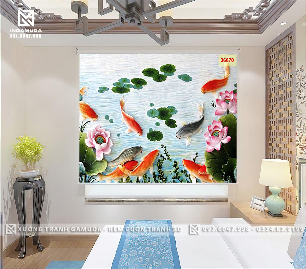 Ứng dụng của rèm cuốn tranh cá chép hình dạng tranh sơn dầu