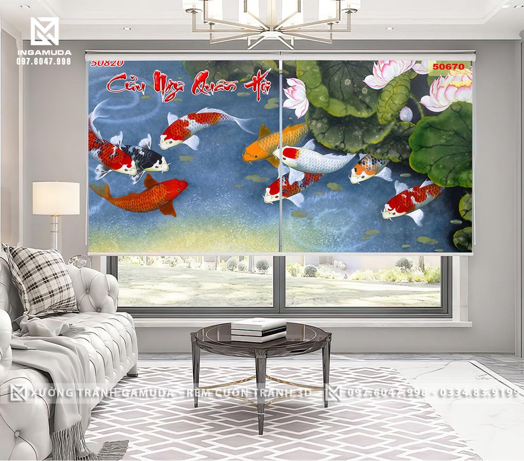 Rèm Cuốn In 3D Hoa Sen Cá Koi