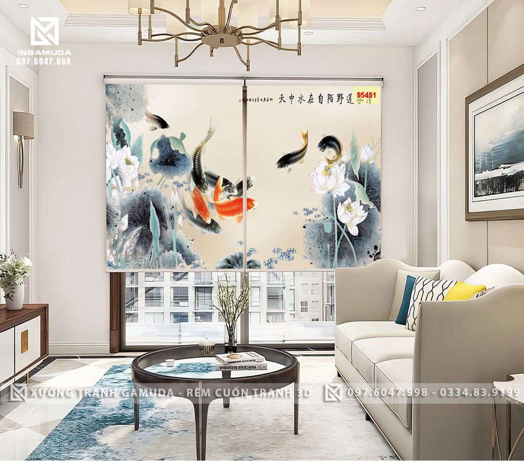Rèm Cuốn Tranh Sơn Dầu Cá