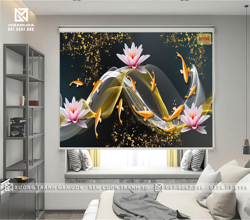 Rèm Cuốn Tranh 3D Tối Mầu Cản Sáng Cản Nhiệt In Cá 3D Phong Cách Hiện Đại