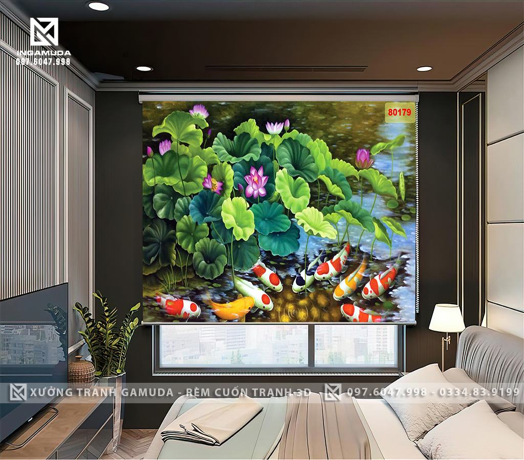 Rèm Cuốn Tranh Sơn Dầu Hoa Sen Cá Chép