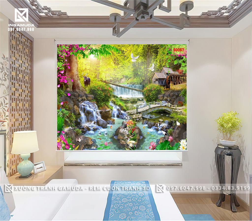 Rèm Cuốn Tranh 3D Họa Tiết Sơn Thủy Tượng Trưng Cho "Kim, Thủy, Mộc, Hỏa, Thổ" Đẹp Nhất