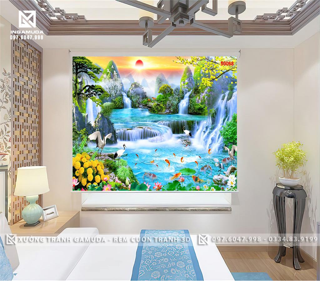 Tranh 3D In Họa Tiết Thác Và Núi Tượng Trưng Cho Sức Khỏe Và Tài Lộc - Hàng Thiết Kế Theo Yêu Cầu