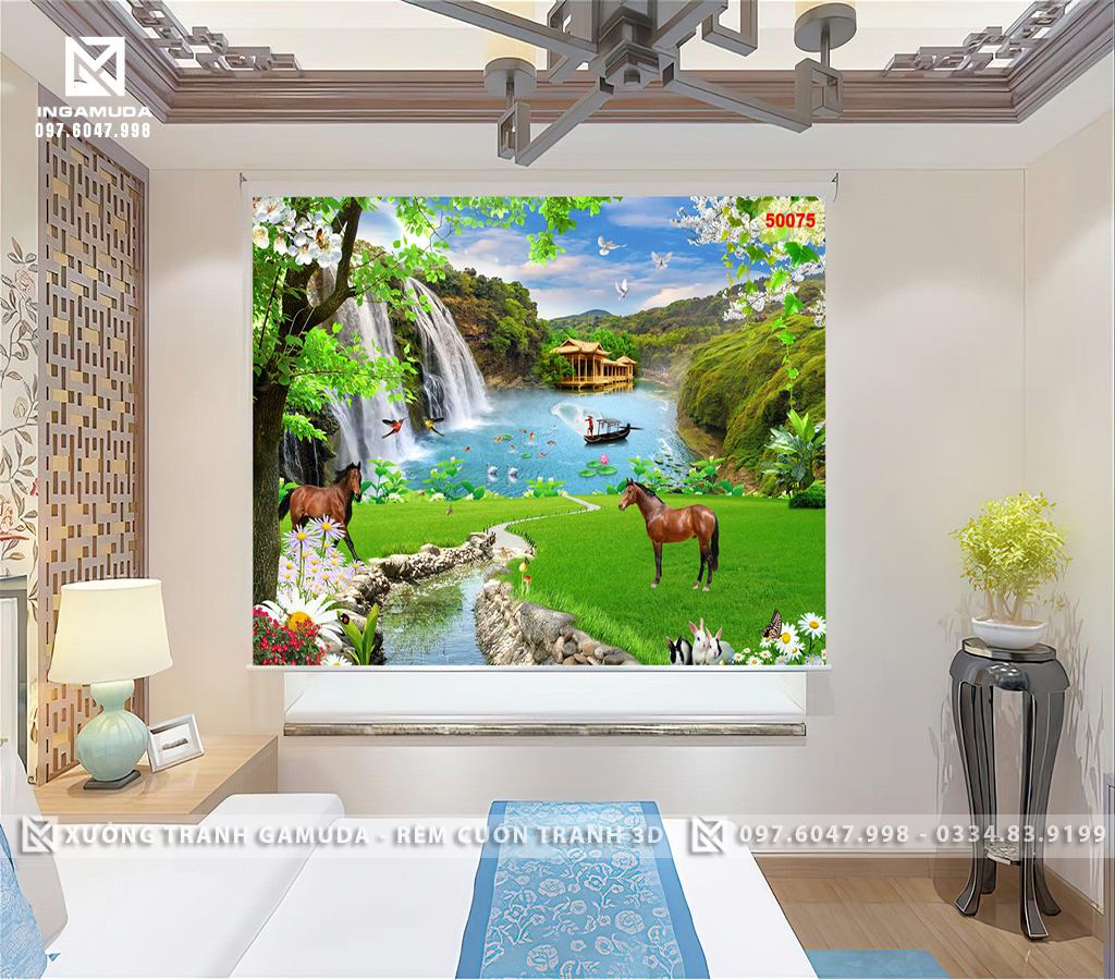 Rèm Cuốn Tranh 3D In Họa Tiết Đôi Ngựa Cùng Thiên Nhiên Tuyệt Đẹp Của Sông Núi - Hàng Thiết Kế Theo Yêu Cầu