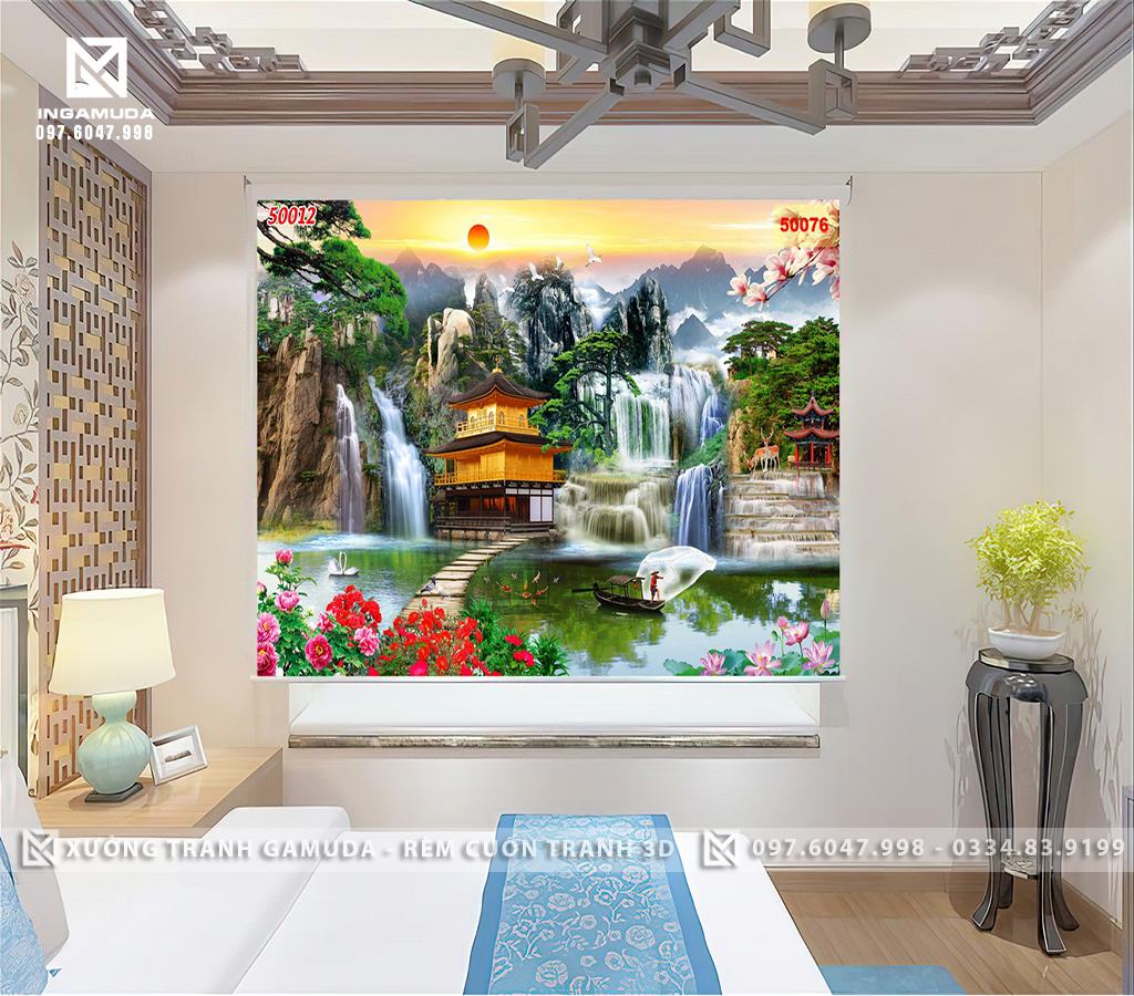 Rèm Tranh 3D Họa Tiết Sơn Thủy Hữu Tình Tượng Trưng Cho Cuộc Sống Giau Sang, Phú Qúy