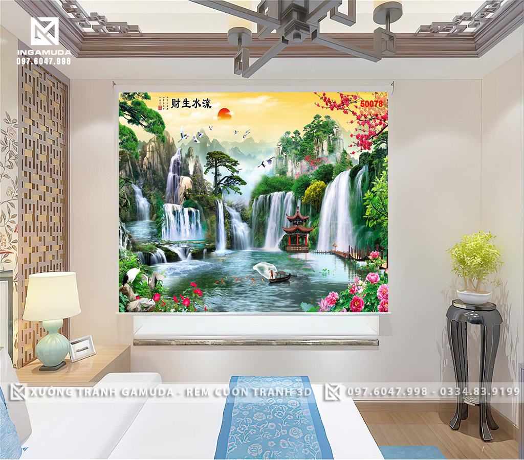 Rèm Tranh 3D In Hoạ Tiết Sơn Thủy Thu Hút Tài lộc- Rèm Cản Sáng Cản Nhiệt