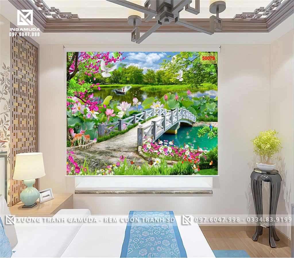 Rèm In Tranh Họa Tiết 3D Hoa Sen Cùng Cảnh Sắc Thiên Nhiên Tuyệt Đẹp