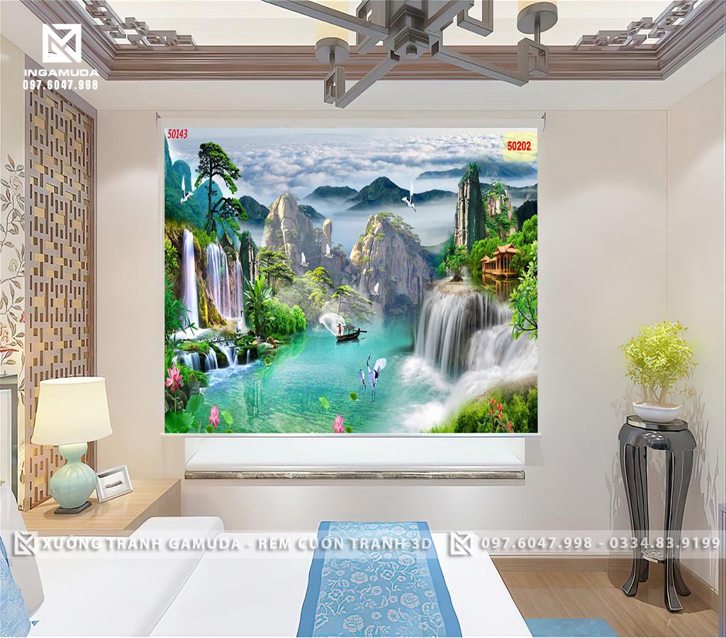 Tranh 3D In Họa Tiết Sơn Thủy Thác Và Núi Đẹp Nhất - Hàng Thiết Kế Theo Yêu Cầu