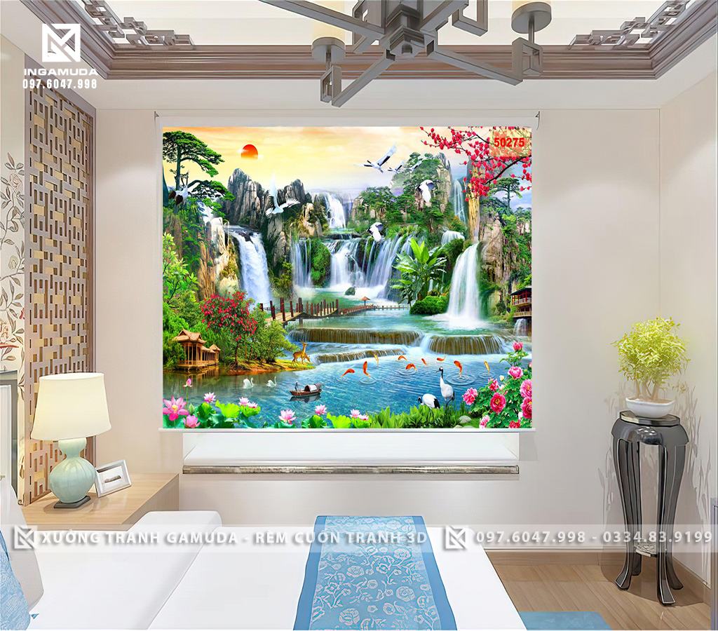 Rèm 3D Họa Tiết Sơn Thủy Non Nước Hữu Tình Đẹp Nhất - Rèm Cản Sáng Cản Nhiệt 