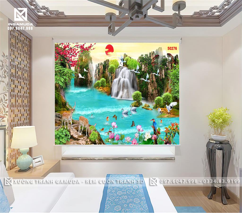 Rèm Tranh 3D In Họa Tiết Sơn Thủy Đôi Thiên Nga Tượng Trưng Cho Tình Yêu Vĩnh Cửu, Hạnh Phúc