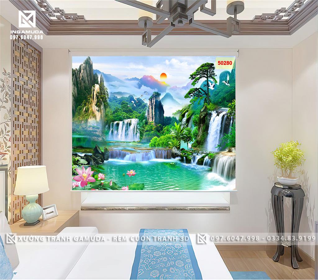 Rèm 3D Họa Tiết Hoa Sen Biểu Tượng Cho Sự Thanh Khiết , Bình Dị