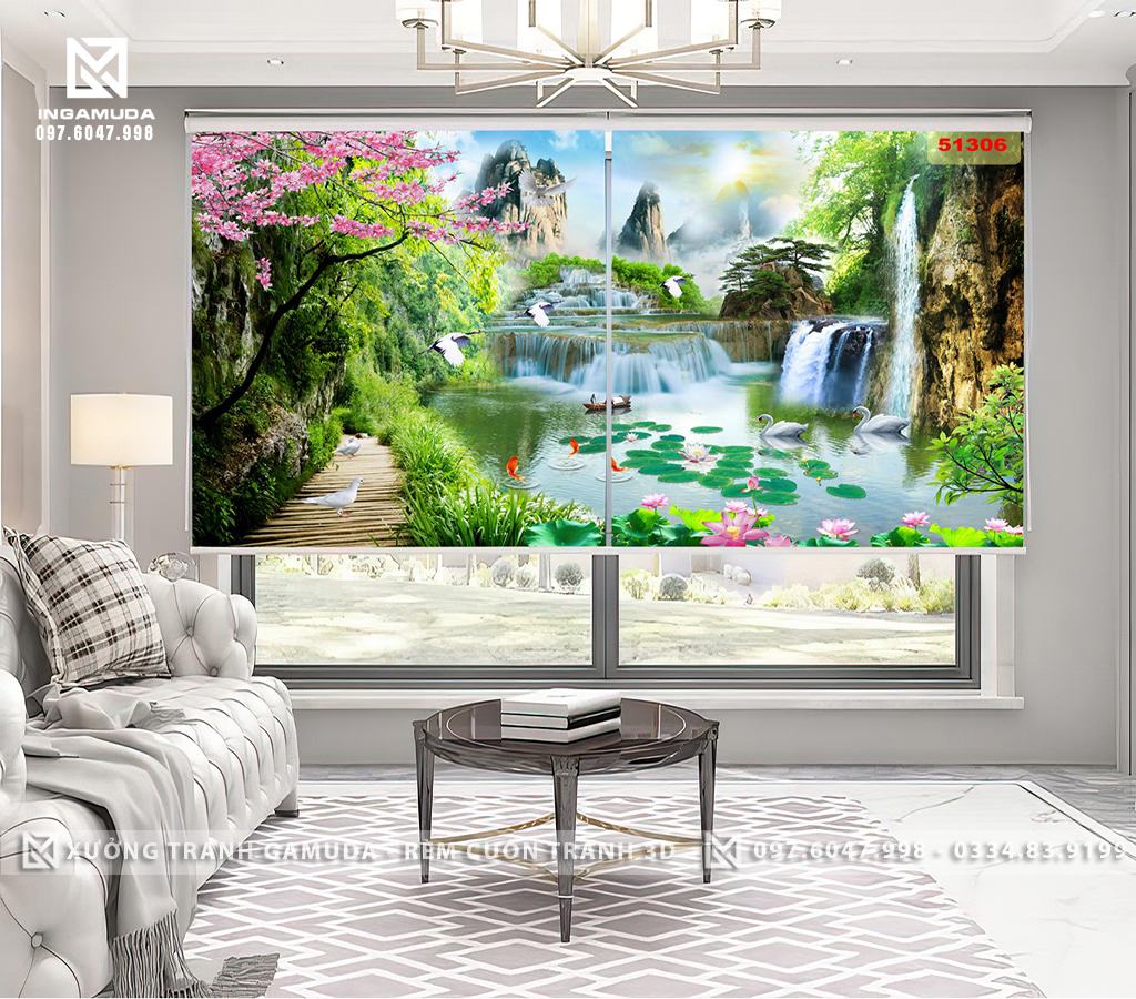 Rèm Tranh 3D In Họa Tiết Sơn Thủy Biểu Tượng Cho Non Nước Hữu Tình - Rèm Cản Sáng Cản Nhiệt