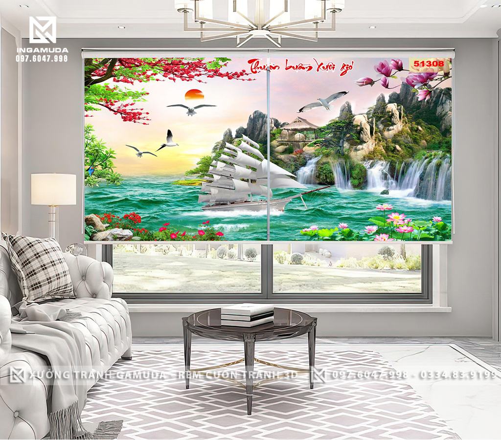 Rèm Cuốn Tranh 3D In Họa Tiết Thuận Buồm Xuôi Gio Biểu Tượng Cho Sự Thuận Lợi, May Mắn - Hàng Thiết Kế Theo Yêu Cầu