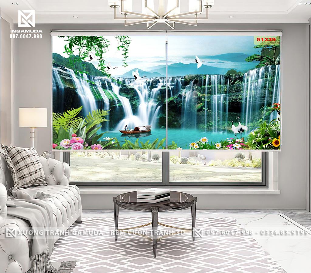 Rèm In Tranh 3D Họa Tiết Thác Nước Và Núi Cùng Đàn Cò Trắng Tạo Nên Bức Tranh Yên Bình, Bình Dị