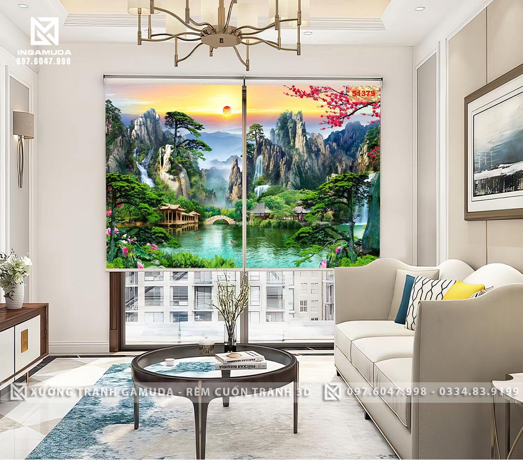 Rèm Tranh 3D In Họa Tiết Sơn Thủy Tượng Trưng Cho Ngũ Hành, Đem Lại Vượng Khí Cho Gia Chủ