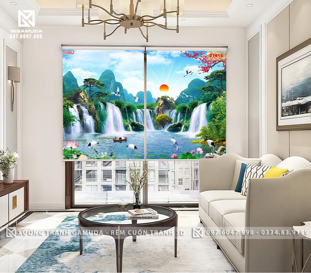 Rèm Tranh 3D Họa Tiết Sơn Thủy Non Nước Hữu Tình Mang Lại Phong Thủy Tốt- Hàng Thiết Kế Theo Yêu Cầu