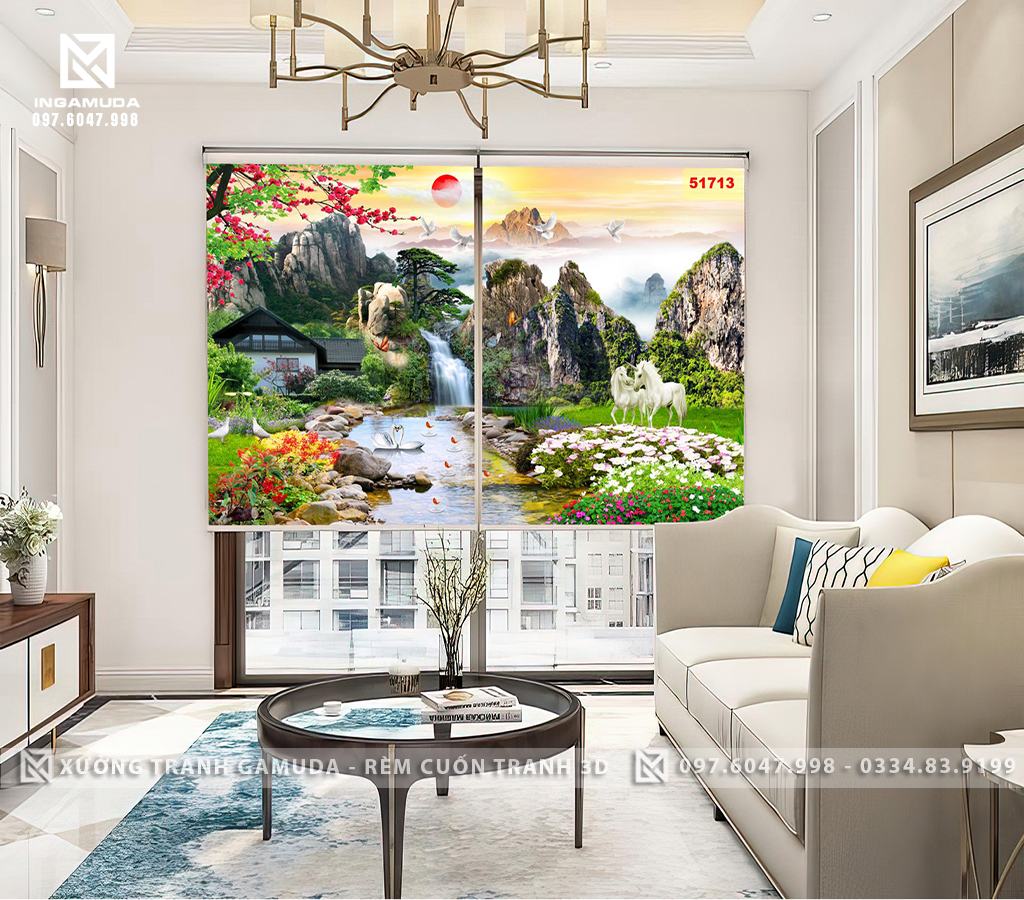 Rèm Tranh 3D In Họa Tiết Sơn Thủy Cùng Đôi Thiên Nga , Đôi Ngựa Tượng Trưng Cho Sự Hạnh Phúc, Viên Mãn