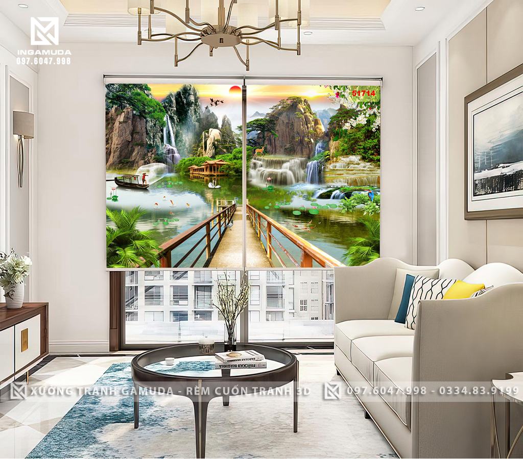Rèm In 3D Họa Tiết Cây Cầu Cùng Cảnh Thiên Nhiên Tuyệt Đẹp Của Núi Và Rừng - Xưởng Rèm Gamuda In Ấn Và Sản Xuất Theo Yêu Cầu