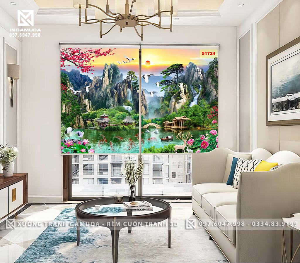 Rèm Cuốn Tranh 3D Họa Tiết Sơn Thủy Hữu Tình Đẹp Nhất - Rèm Cản Sáng Cản Nhiệt Xưởng Rèm Gamuda