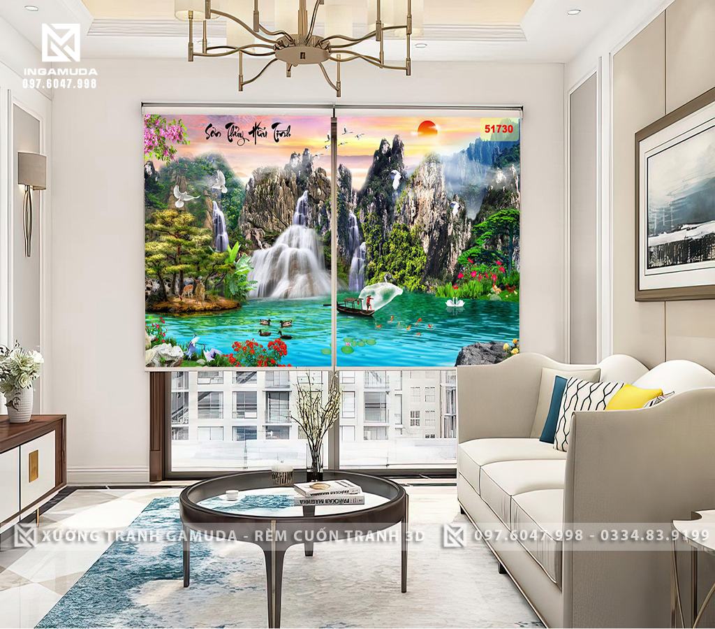 Rèm Tranh In 3D Họa Tiết Núi Non Hùng Vĩ Cùng Thiên Nhiên Bình Dị 