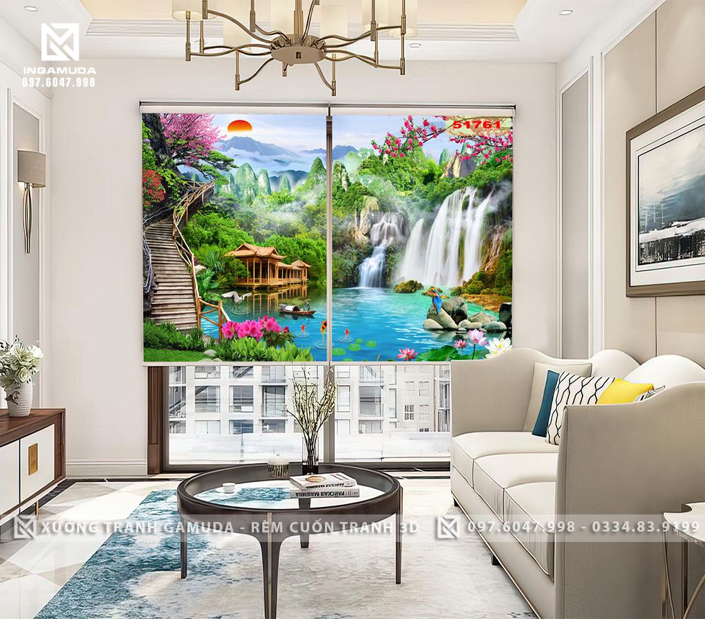 Rèm In Tranh 3D Họa Tiết Sơn Thủy Hữu Tình Tượng Trưng Cho Sự Bình Yên - Hàng Thiết Kế Theo Yêu Cầu