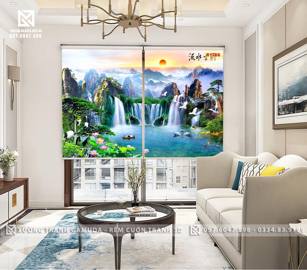 Tranh 3D In Họa Tiết Sơn Thủy Với Hoa Sen Cò Và Đôi Thiên Nga
