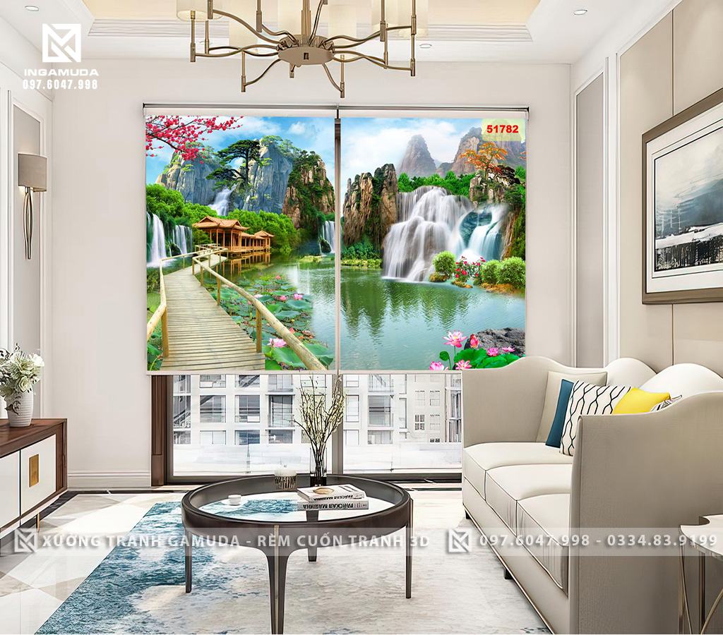 Rèm Cuốn Tranh 3D In Họa Tiết Sơn Thủy Tạo Cảm GiaC Thư Thái Cho Người Chiêm Ngưỡng - Rèm Cản Sáng Cản Nhiệt