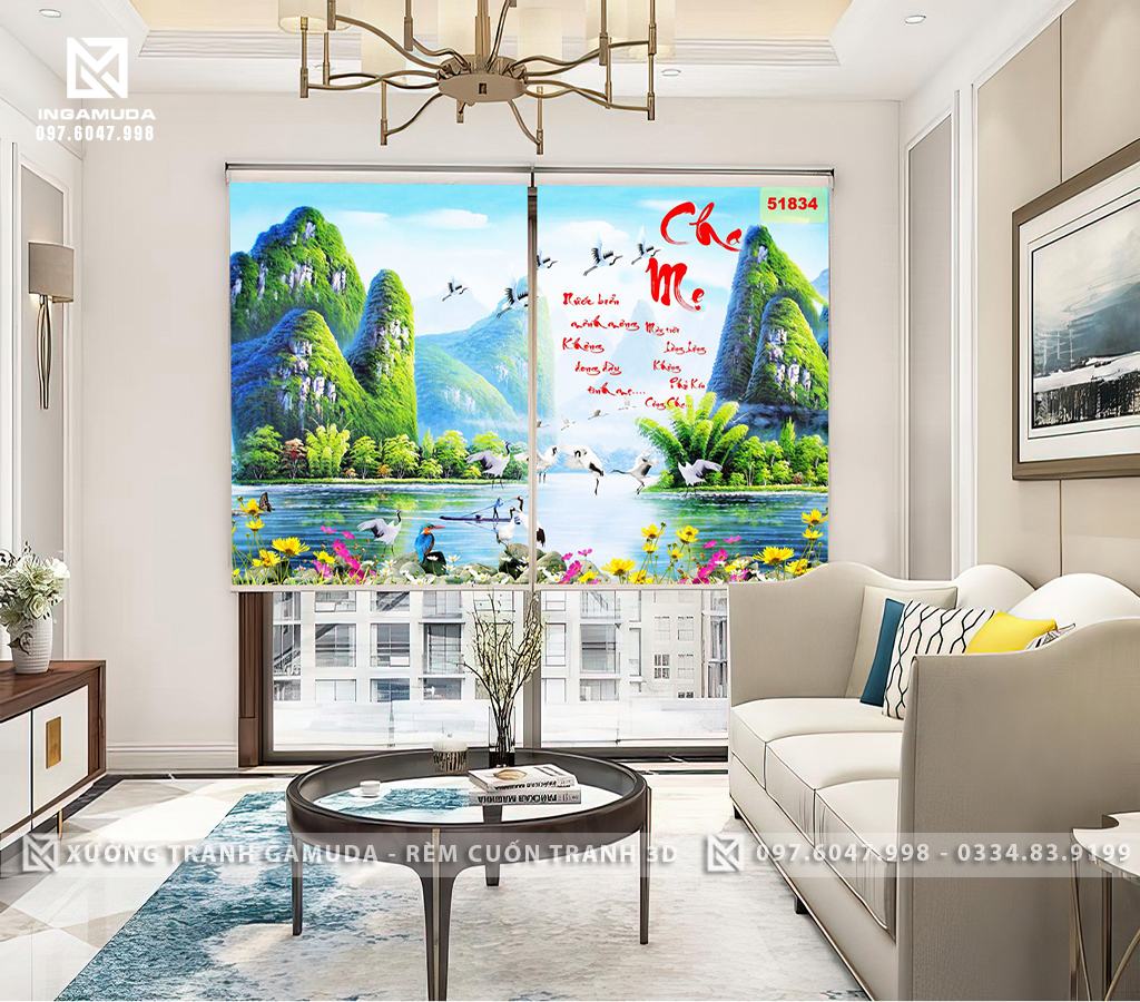 Rèm Cuốn Tranh 3D In Họa Tiết Sơn Thủy Hữu Tình Biểu Tượng Cho Sự May Mắn , Vượng Tài, Vượng Lộc Cho Gia Chủ- Rèm Cản Sáng Cản Nhiệt Xưởng Rèm Gamuda