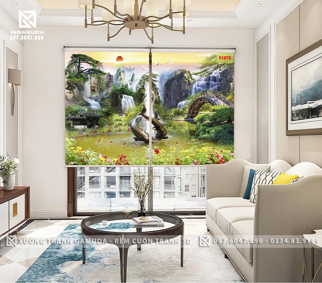 Rèm Tranh 3D Họa Tiết Đôi Cá Khổng Lồ Cùng Núi Non Và Hồ Xanh Tạo Cảm Giac Yên Bình