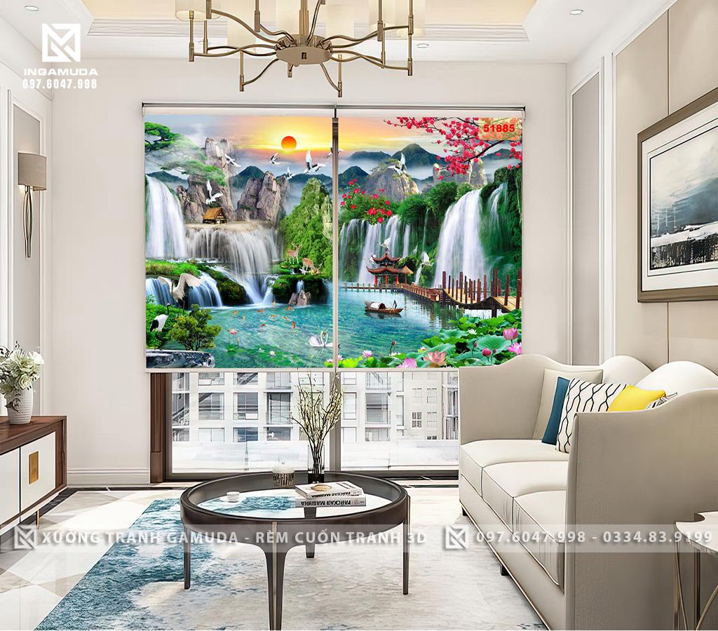 Rèm In Tranh 3D Họa Tiết Sơn Thủy Cùng Thiên Nhien Tuyệt Đẹp - Xường Rèm Gamuda In Ấn Và Sản Xuất Theo Yêu Cầu