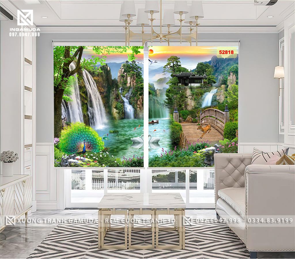 Rèm Tranh 3D In Họa Tiết Sơn Thủy Hữu Tình Cùng Công Khổng Tước Mang Lại Sự May Mắn, Giau Có Và Thịnh Vượng Cho Mọi Người