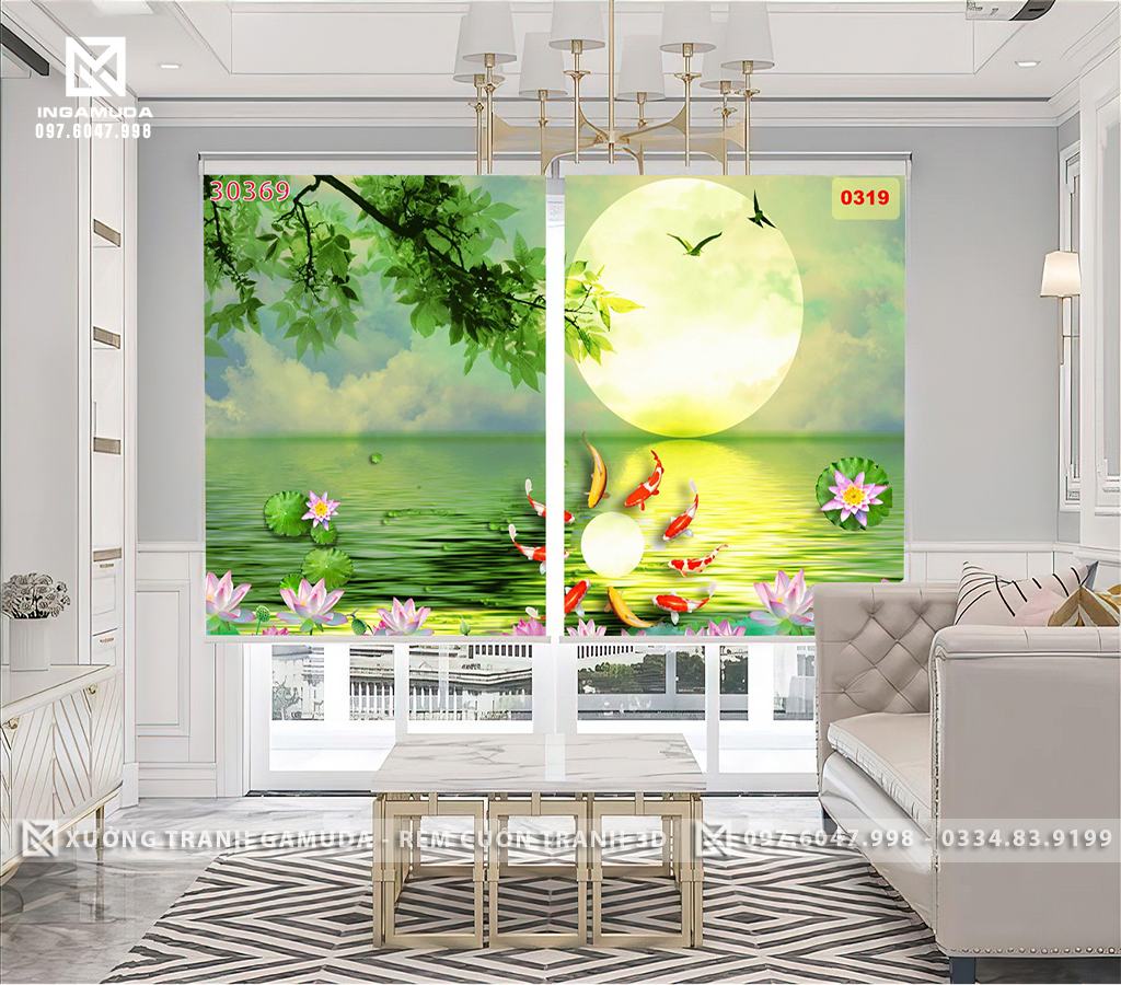 Rèm cuốn in tranh 3D hình ảnh chủ đề cá chép hoa sen cửu ngư quần hội rèm cản sáng cản nhiệt làm theo mọi kích thước yêu cầu tại xưởng rèm Gamuda